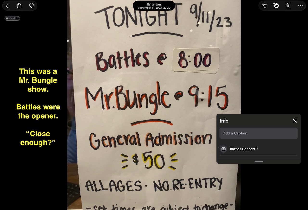 handwritten ticket booth sign for Mr Bungle, with Battles